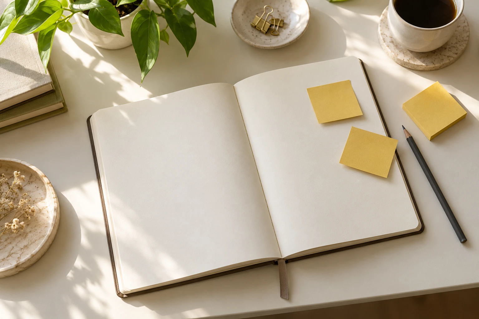 Carnet ouvert vierge avec trois post‑it jaunes, crayon, tasse de café et plante naturelle