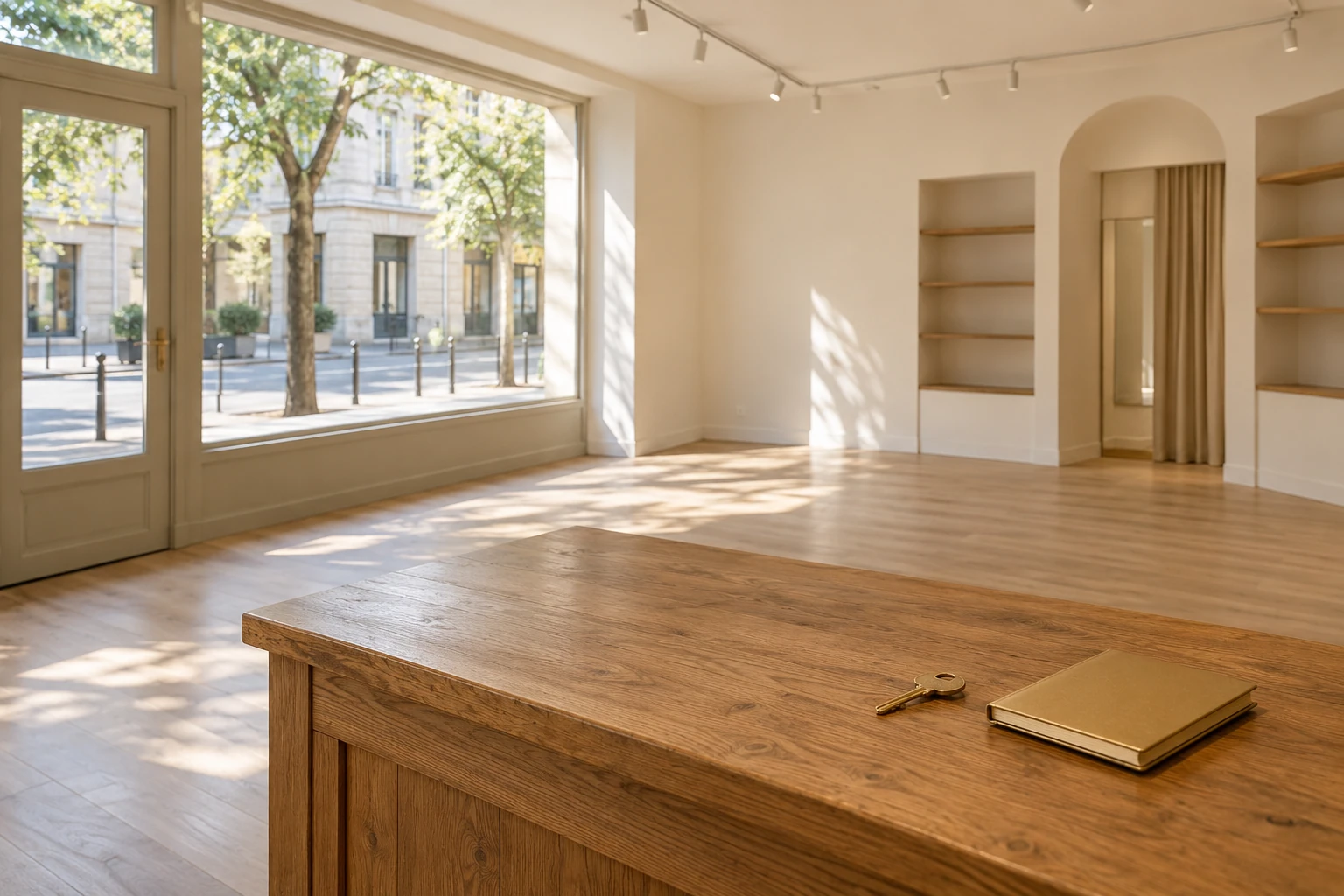 Local commercial vide lumineux avec grande vitrine, comptoir en bois, clés et carnet posé dessus