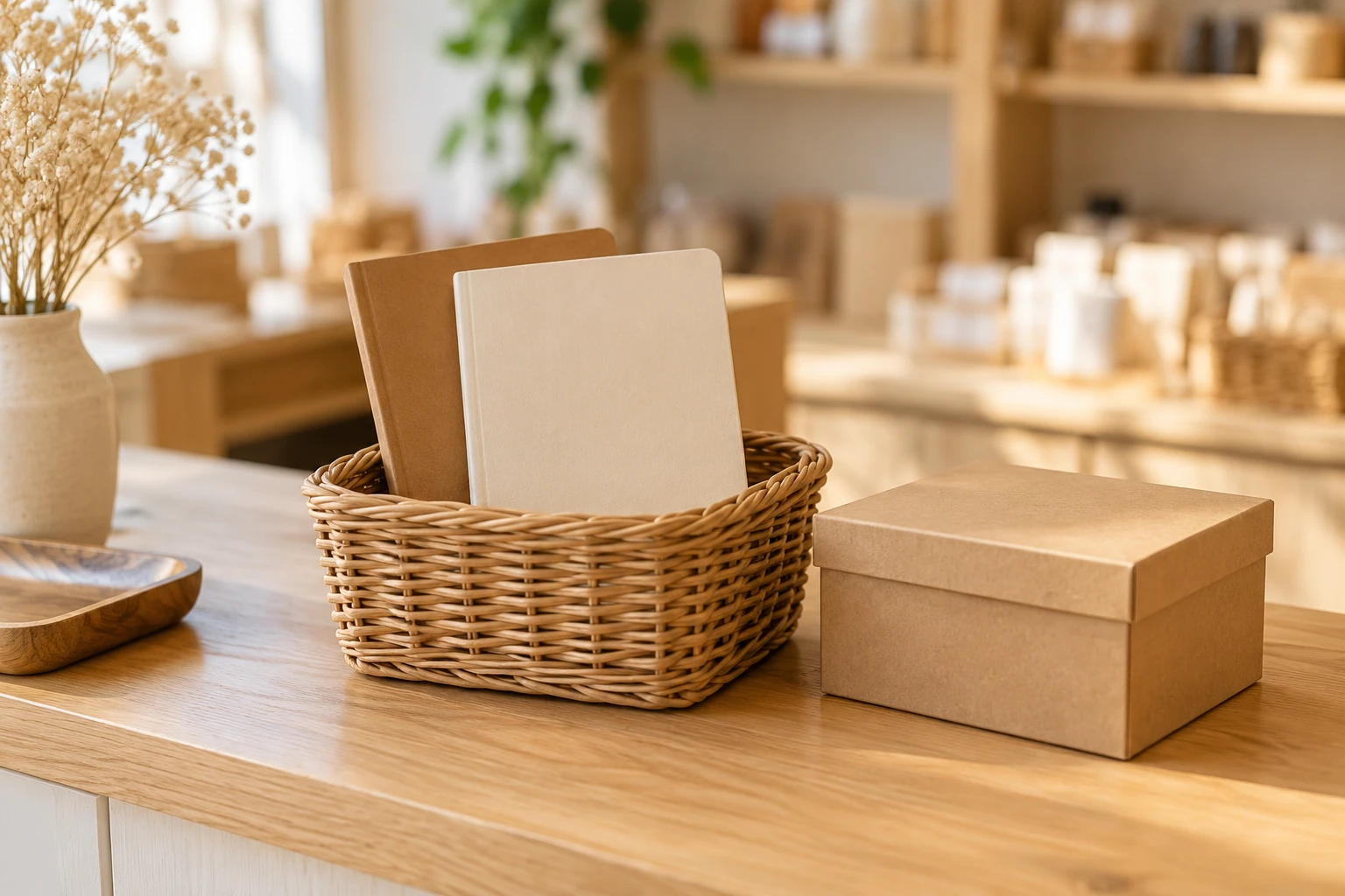 Panier en osier contenant carnets sur comptoir en bois, boîte kraft et décor boutique lumineuse