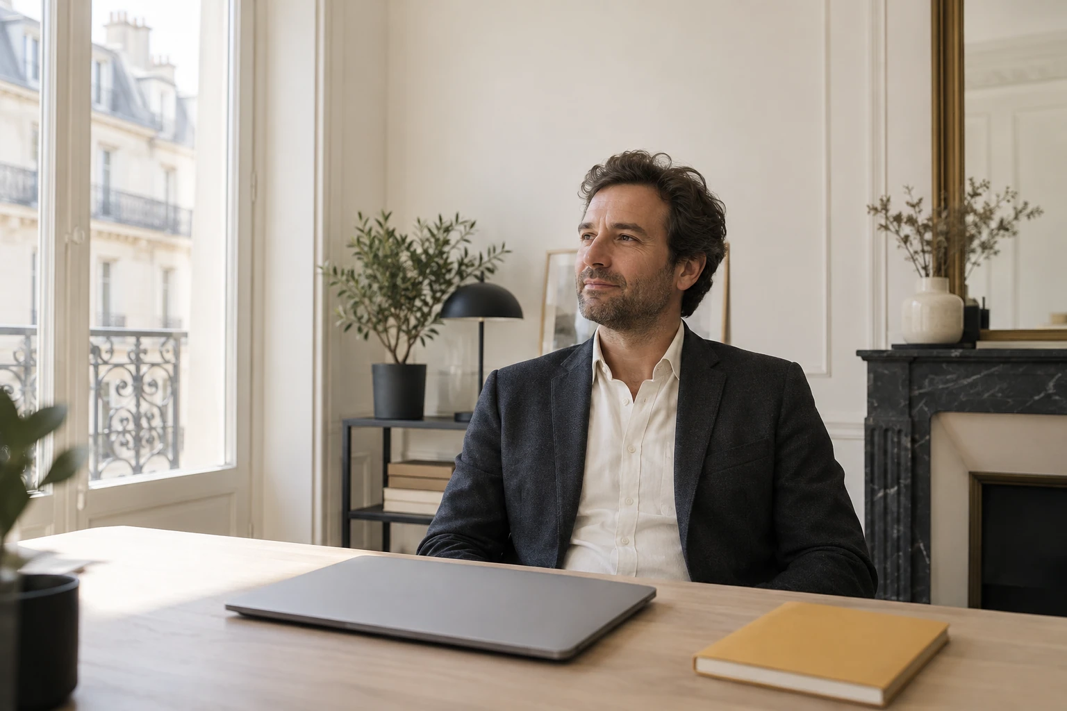 Homme en costume assis à un bureau, regard pensif vers la fenêtre, ordinateur fermé, carnet jaune