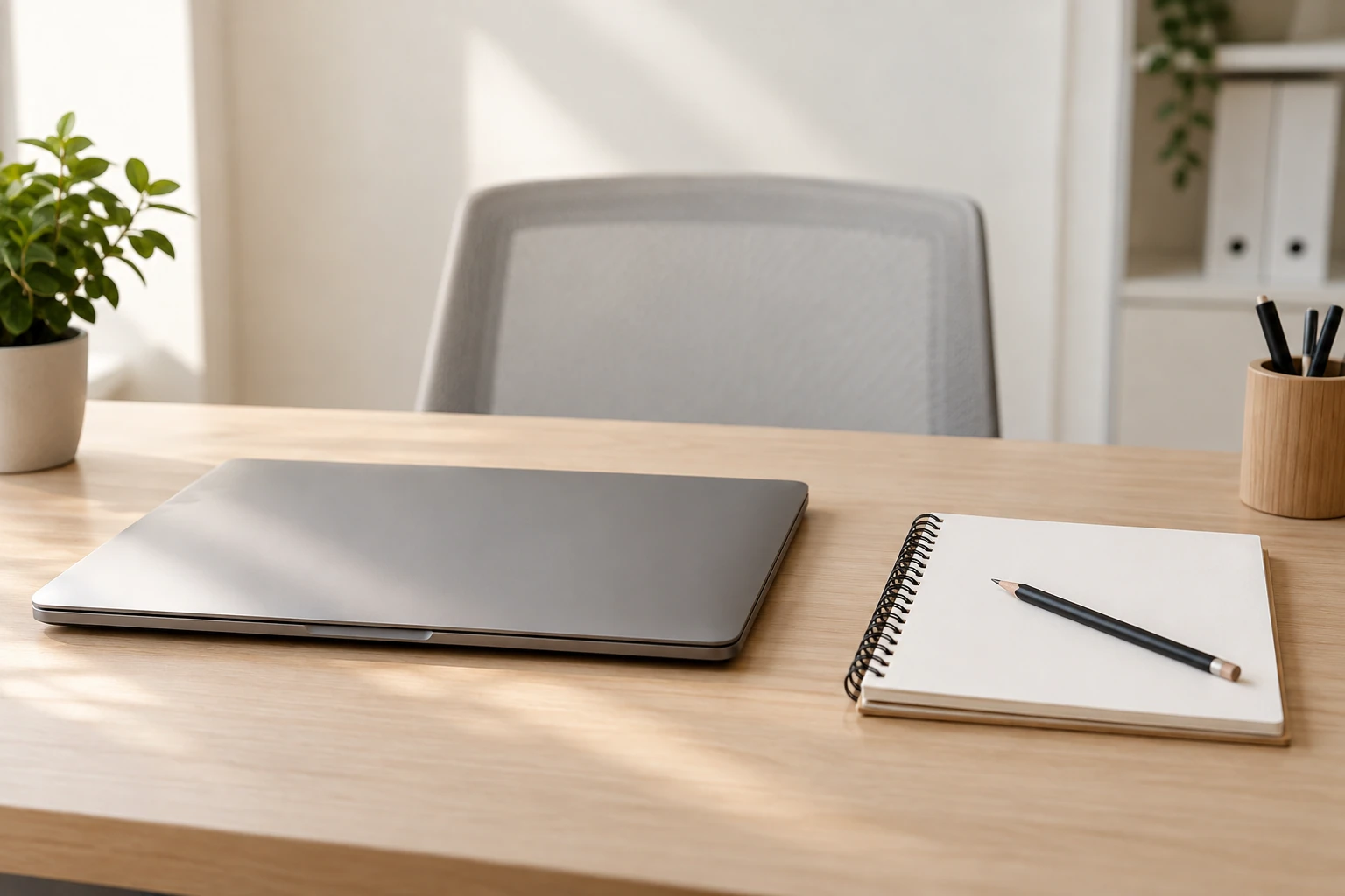 Bureau lumineux avec ordinateur portable fermé, carnet spiralé et crayon posé, plante et chaise vide