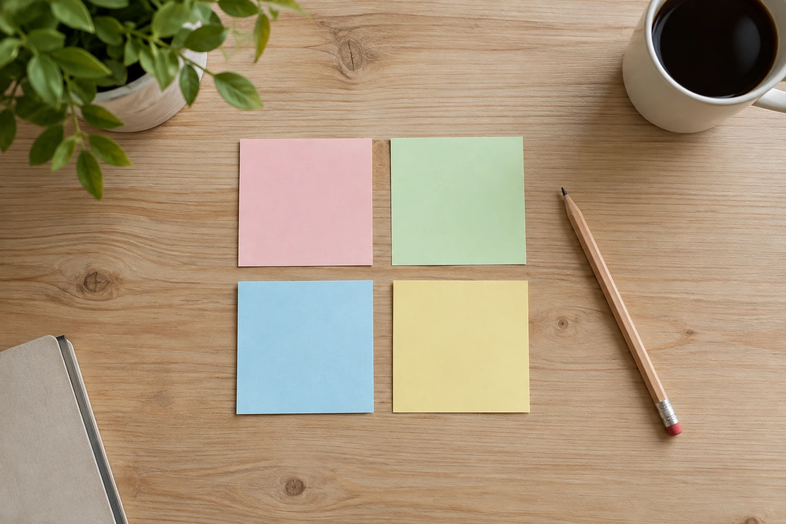 Quatre post‑it colorés alignés en carré sur bureau en bois, crayon et tasse de café